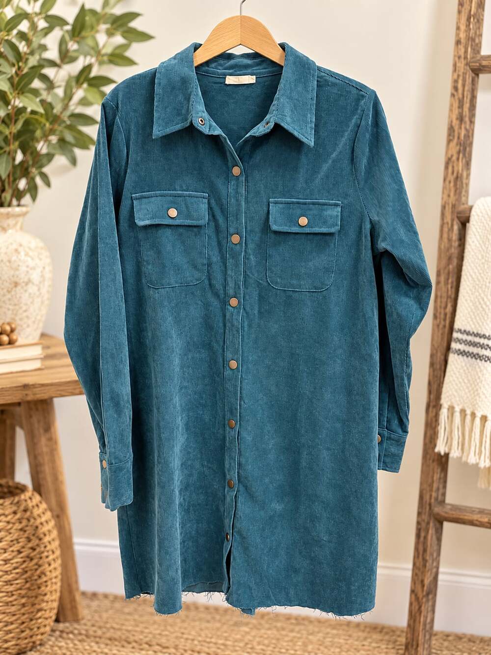 Koret  Corduroy Shirt Dress Sz L Teal Blue Button Down or Tunic